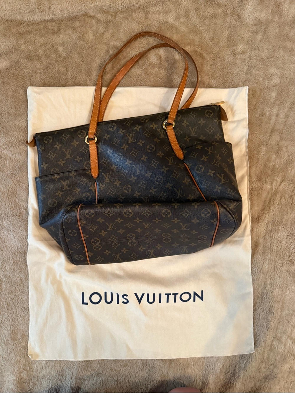 Louis Vuitton Monogram Canvas Tote with Tan Leather Straps